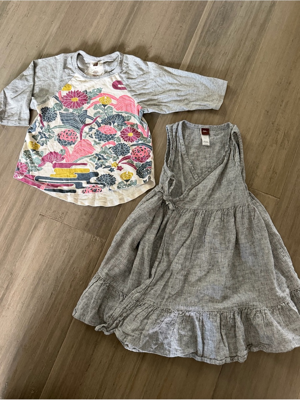 2 PC Tea Collection Girls Wrap Linen Dress with Floral Raglan Tee sz 5